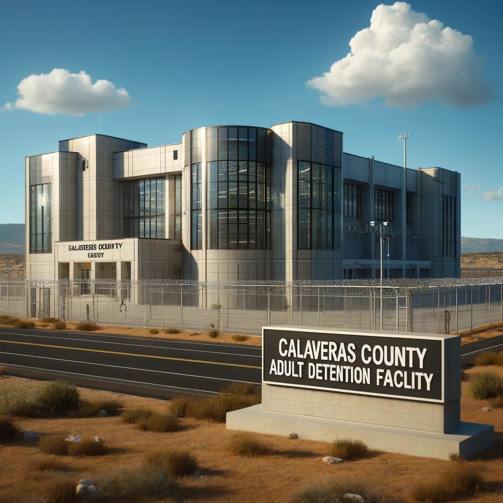 Photorealistic image of the Calaveras County Adult Detention Facility showing a modern building with concrete and glass, enhanced security features like high fences and cameras, under a clear blue sky.