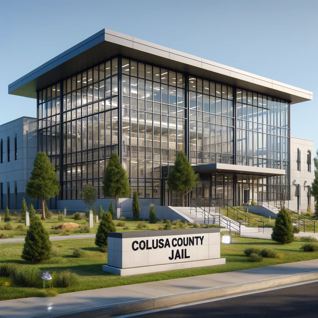 Modern Colusa County Jail featuring a sleek design with large glass facades, metal accents, and a landscaped front. The building is rectangular with a clear sign reading 'Colusa County Jail' in contemporary typography.