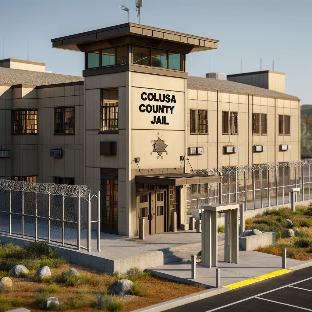 Colusa County Jail exterior on a sunny day, featuring a medium-sized building with beige walls, barred windows, and a secure entrance with metal detectors and surveillance cameras. 