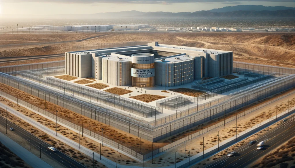 Architectural rendering of the Los Angeles Pitchess South Facility - Wayside Jail, showcasing its modern, high-security design with guard towers and a fortified structure in a sparse Southern California landscape.