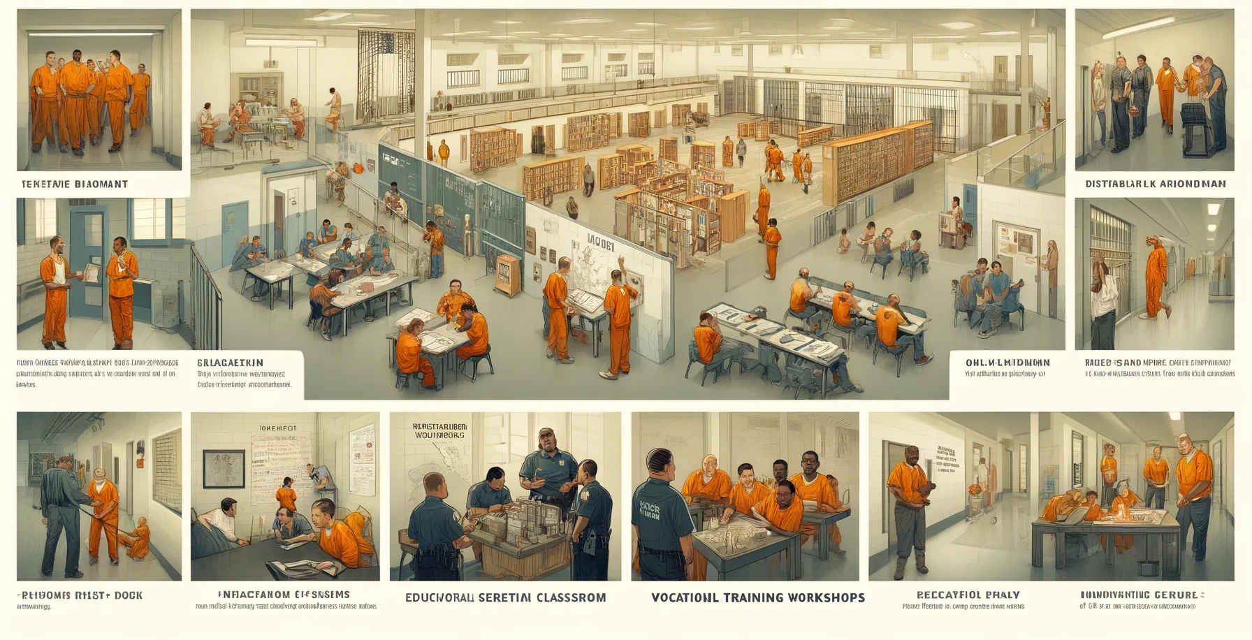 Illustration of inmate services and programs at Los Angeles Pitchess South Facility, featuring educational and vocational activities in a rehabilitative environment.