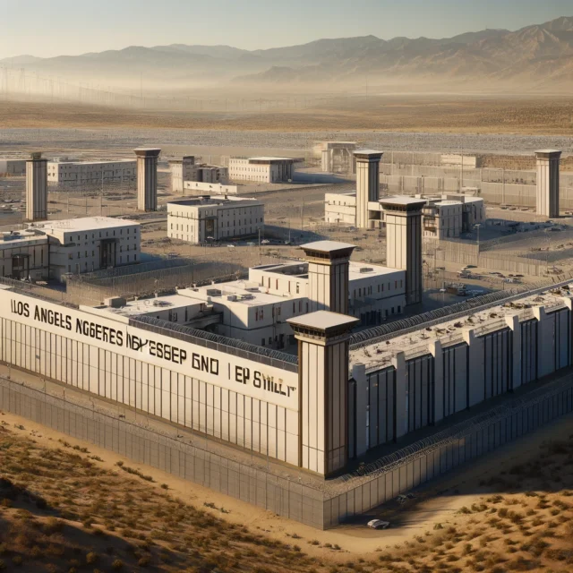 A modern correctional facility with multiple buildings, surrounded by high security fences and towers, located in a semi-arid environment.