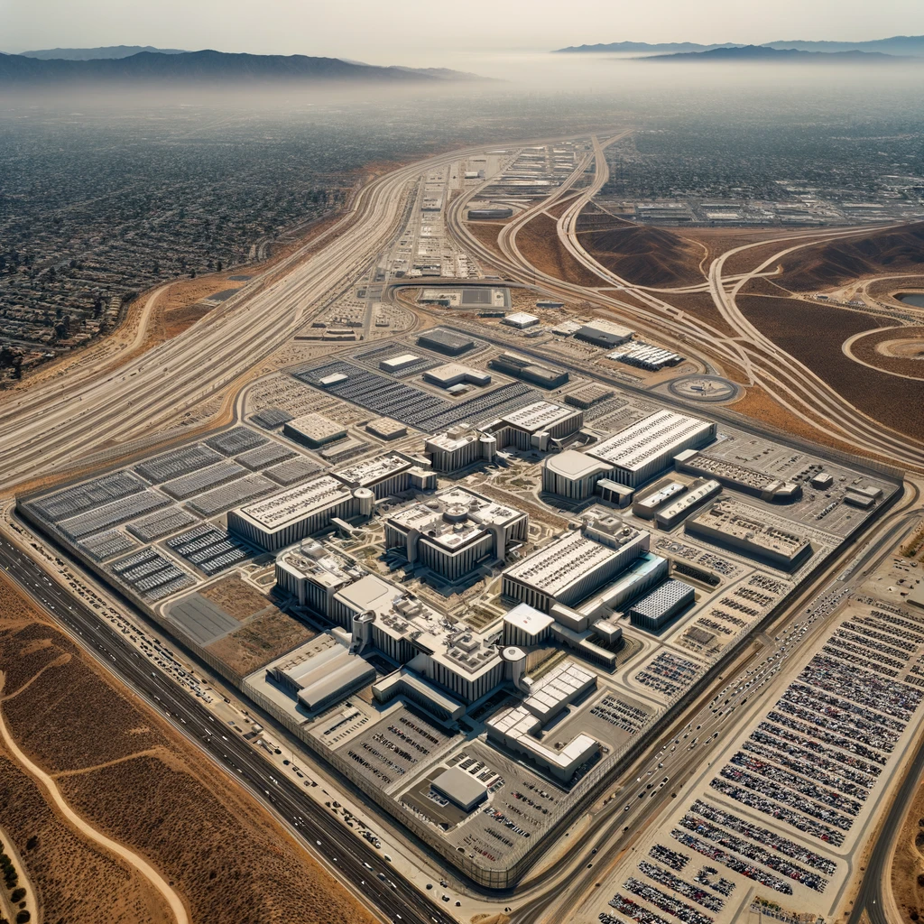 Aerial photograph of Pitchess Detention Center in Los Angeles showing the updated North Facility with new buildings and security enhancements, surrounded by sparse Californian vegetation and distant hills.