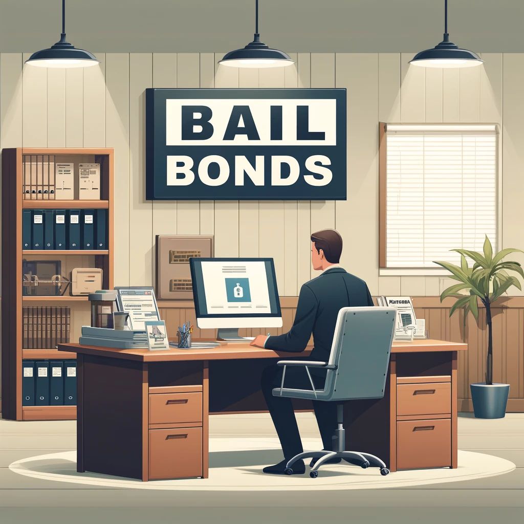 Interior of a bail bonds office with a welcoming atmosphere, showing a desk with a computer, legal assistance brochures, and a bail bonds sign. A bond agent is present, creating an inviting space for clients.
