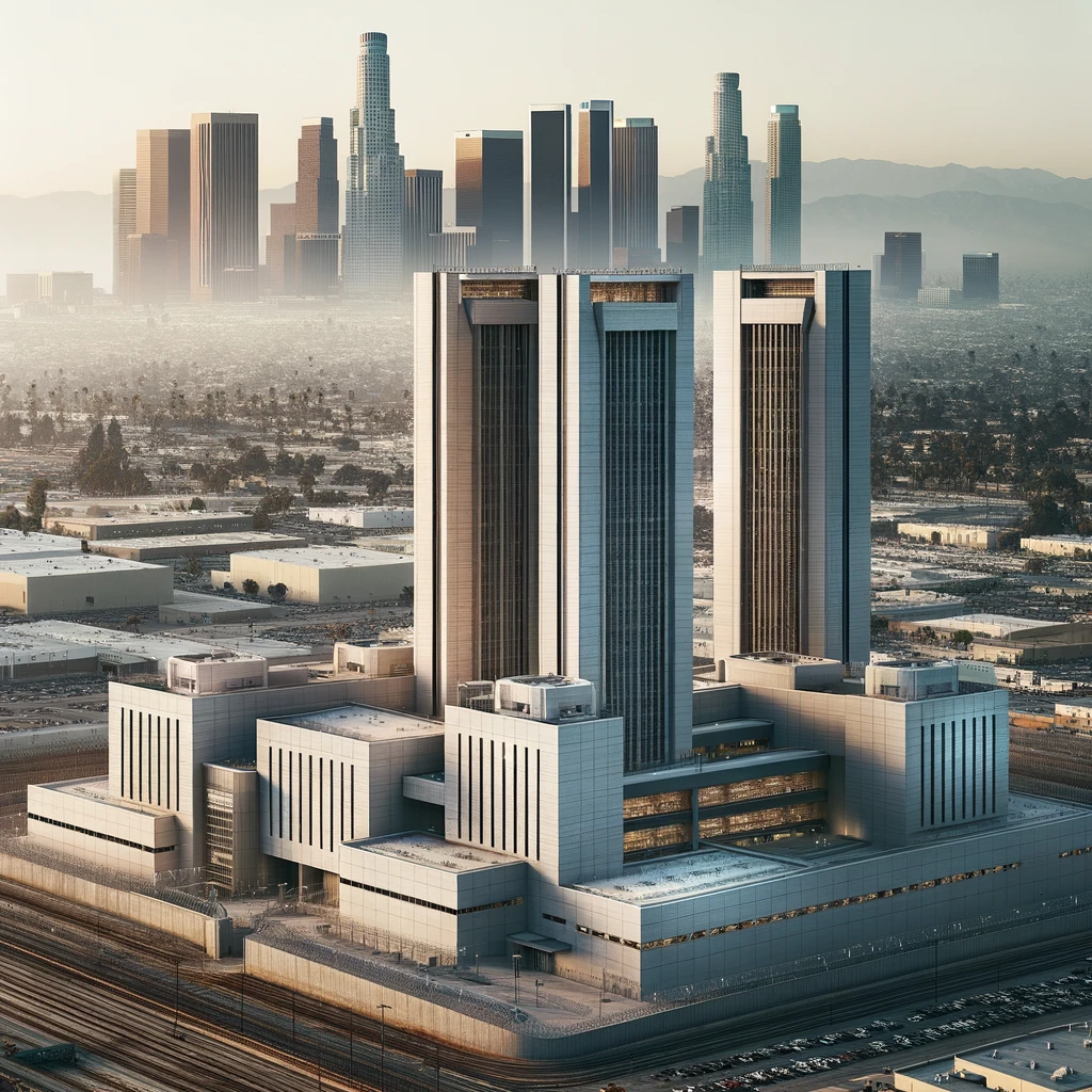 Exterior of the Los Angeles Twin Towers Correctional Facility showing two modern towers with high security features, against the backdrop of downtown Los Angeles skyscrapers.