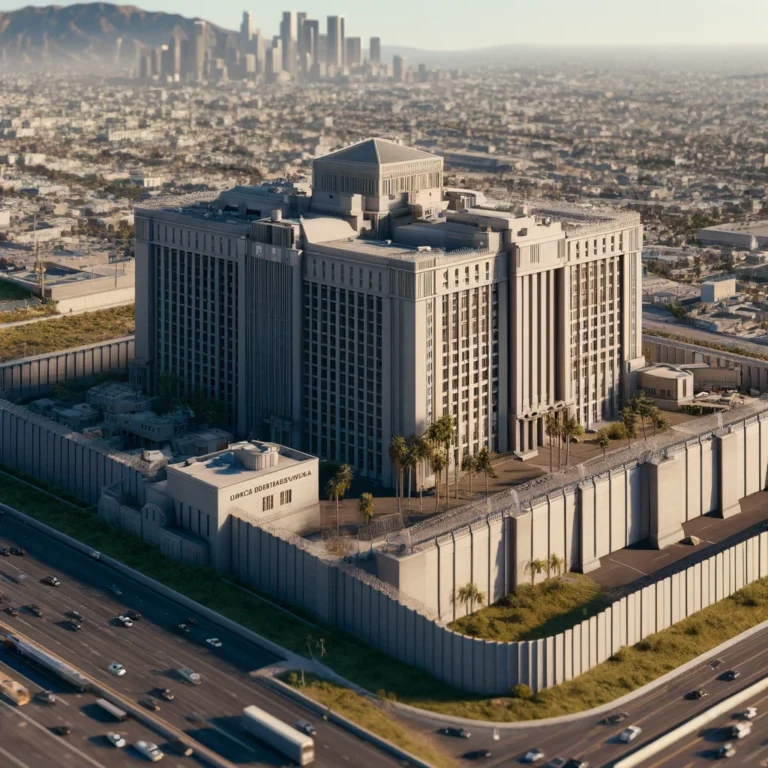 A detailed realistic image of Los Angeles Men's Central Jail, showcasing its massive, high-walled structure on a sunny day, set against the backdrop of a bustling Los Angeles.