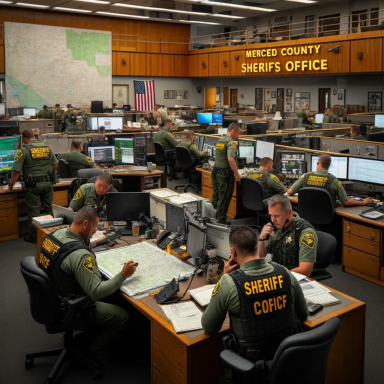 Inside the Merced County Sheriff's Office with officers in uniform performing various duties like strategizing, communicating, and monitoring.

