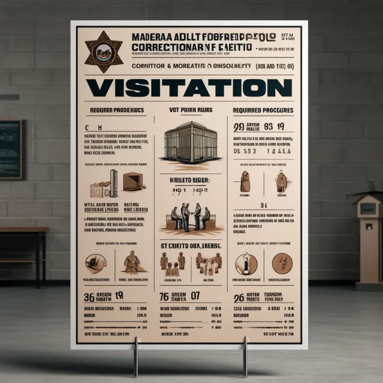 A detailed illustration of a visitation rules poster at the Madera Adult Correctional Facility.