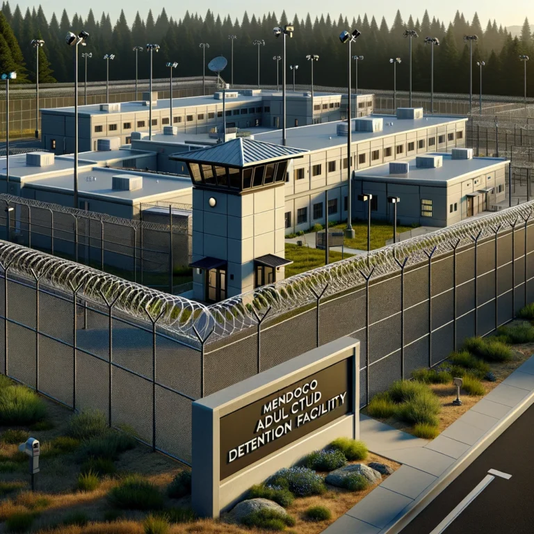 Digital illustration of the Mendocino Adult Detention Facility with a secure perimeter and wooded surroundings.