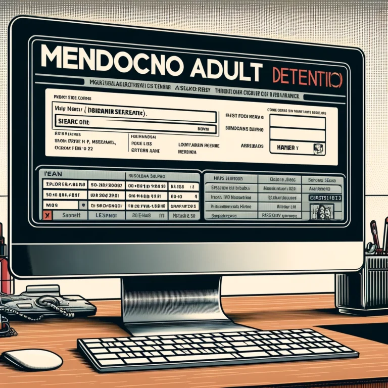 Illustration of a computer screen displaying an inmate search database at the Mendocino Adult Detention Facility.