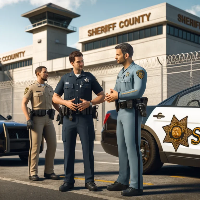 Uniformed officers from Marin County Sheriff's Office and San Rafael Police Department in a discussion in front of a patrol car, with a high-security detention facility in the background.
