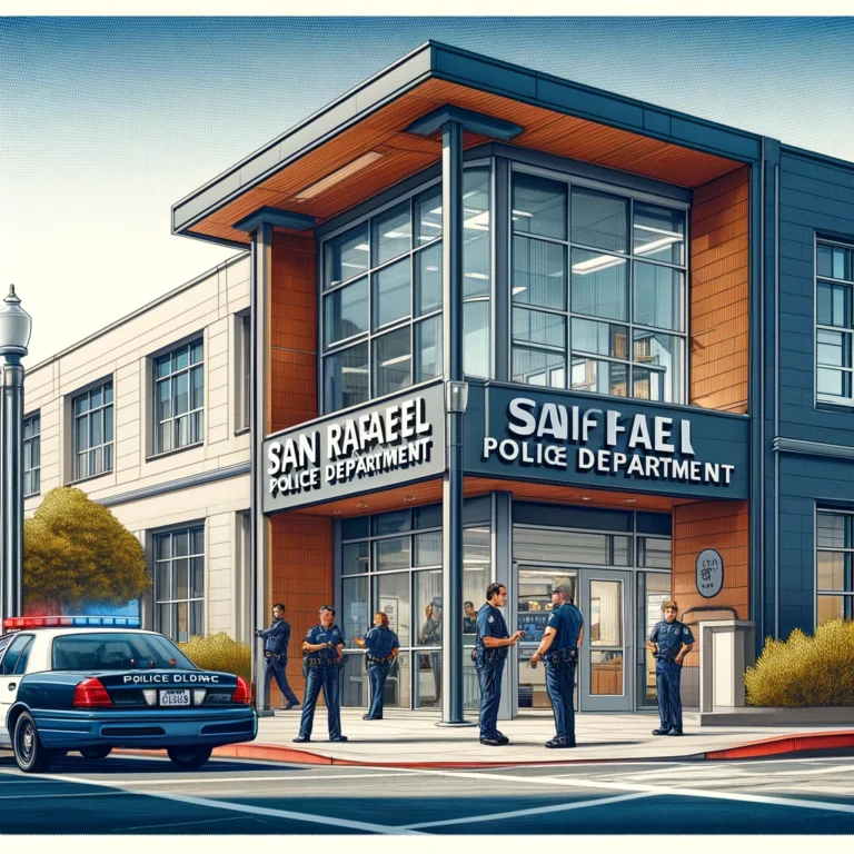 The exterior of the San Rafael Police Department building featuring contemporary architecture, a police car, officers, and civilians in a dynamic setting.