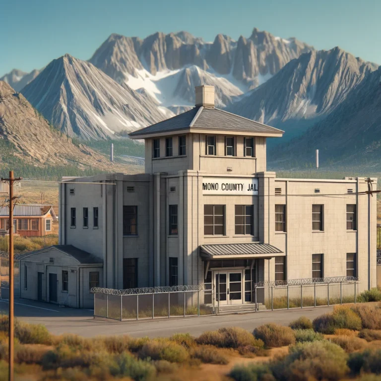 Exterior view of Mono County Jail with a mountainous backdrop, under a clear blue sky in Bridgeport, California.