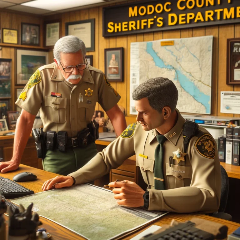 The sheriff of Modoc County discussing with a deputy in the department's office, surrounded by maps and communication equipment.