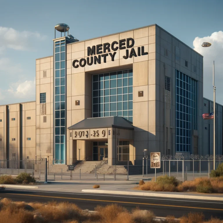 Modern facade of Merced County Jail featuring surveillance cameras and secure entrances, set in a typical Central California landscape.