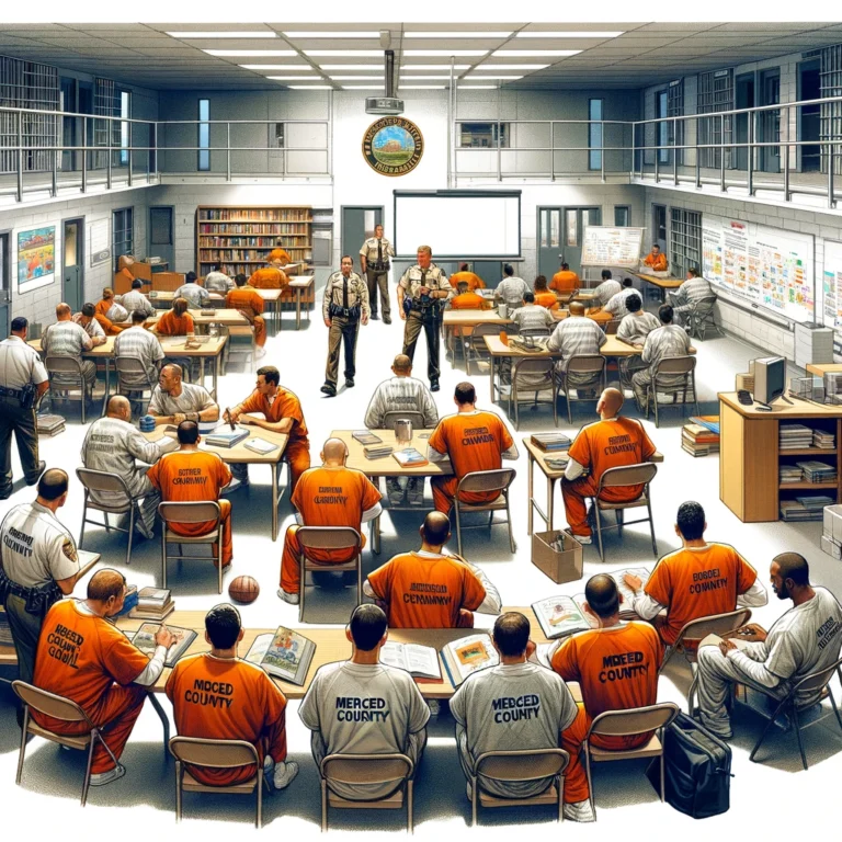  Inmates attending an educational class in Merced County Jail, with instructors and security personnel facilitating the session.