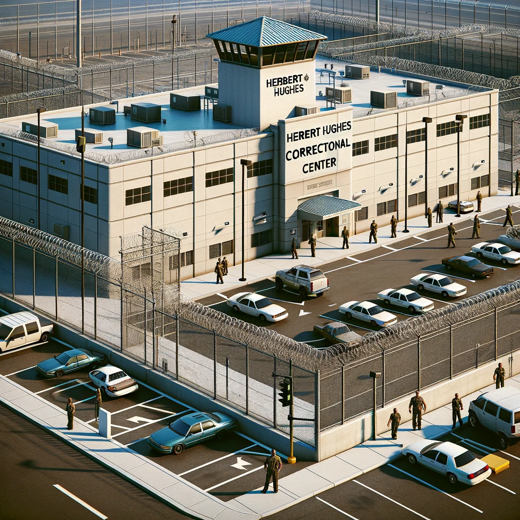 Exterior view of the Herbert Hughes Correctional Center, showing a modern correctional facility with high-security features like tall fences, barbed wire, surveillance cameras, and a watchtower. 
