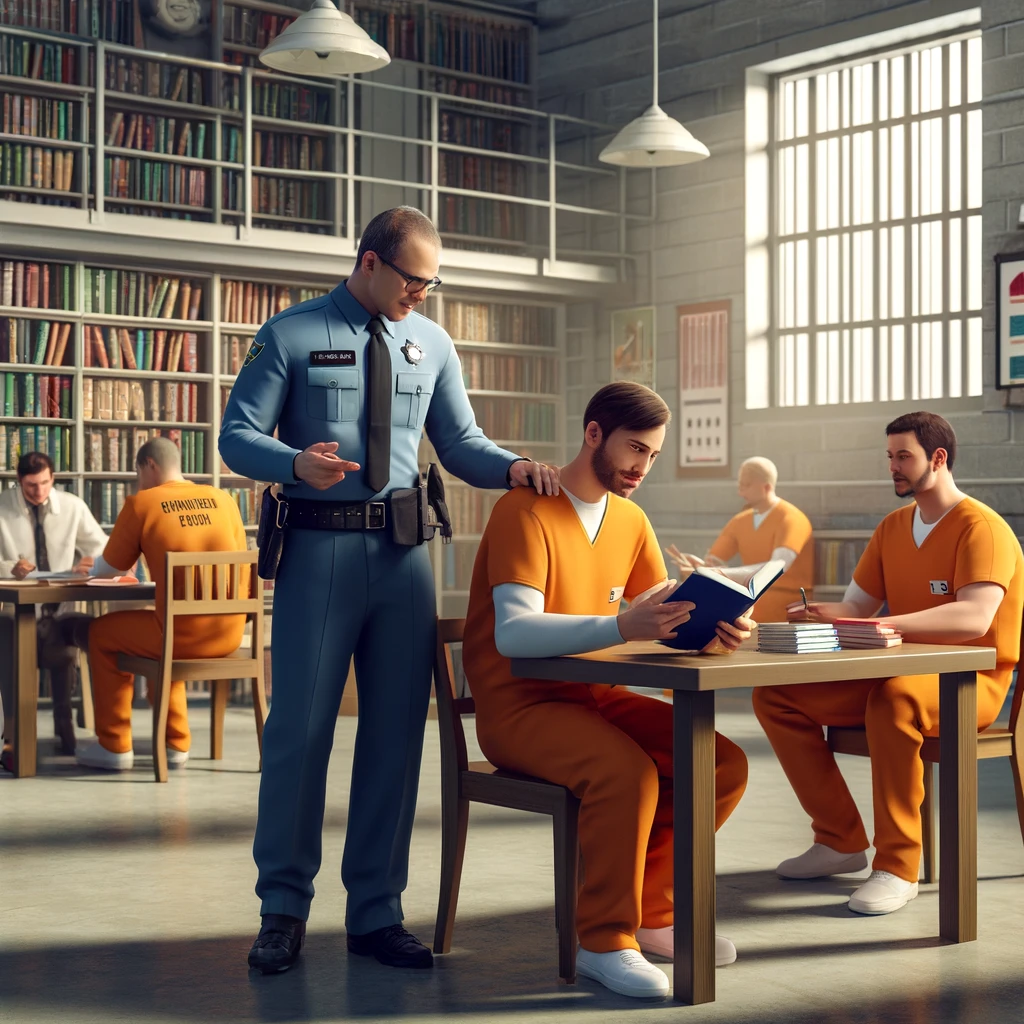 Detention facility library scene with inmates engaging in educational activities, supervised by a corrections officer, emphasizing rehabilitation and literacy programs.