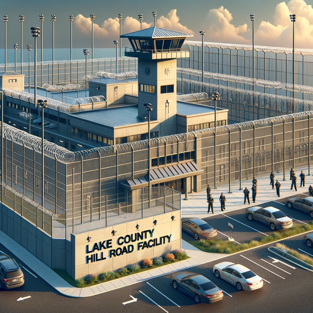 Exterior view of the Lake County Hill Road Facility, a modern detention facility with high-security features like tall fences, barbed wire, surveillance cameras, and a watchtower. 