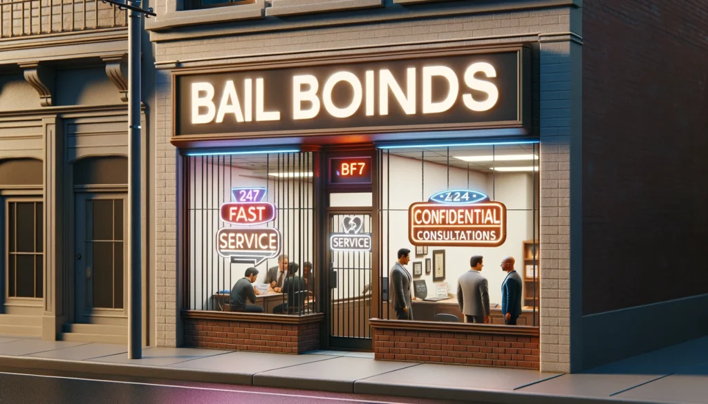 Bail Bonds Services office in an urban setting, featuring a street-level shopfront with large windows, neon signs, and a brick facade. Inside, diverse people converse with an agent, emphasizing the accessibility and urgency of the services.