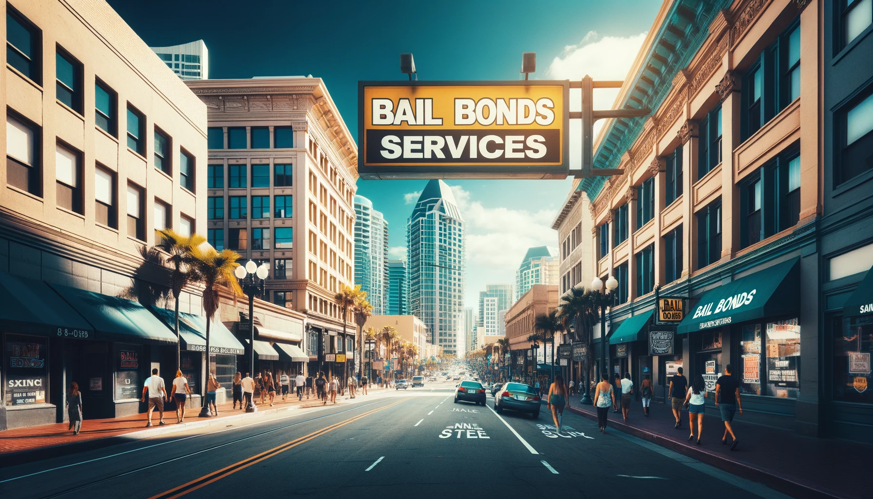 A lively downtown San Diego street scene with a 'Bail Bonds Services' sign, featuring pedestrians, cars, and Southern California architecture under clear blue skies
