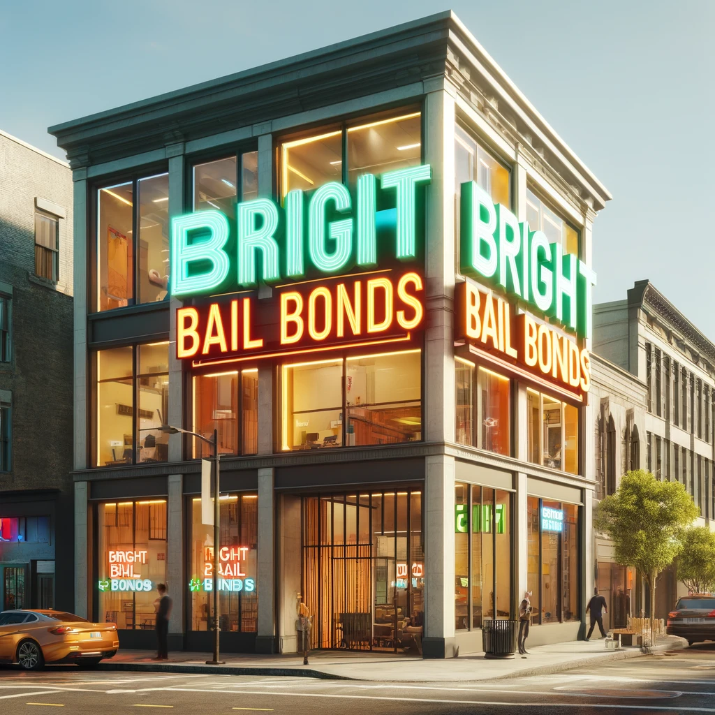 A view of 'Bright Bail Bonds' with its brightly lit signage and glass front, set against an urban street scene filled with pedestrians and parked cars, portraying a busy downtown vibe.