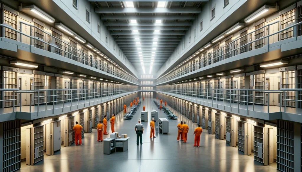Bob Wiley Detention Facility, showcasing a long hallway lined with heavy-duty steel cell doors, each with a small window. Fluorescent lights illuminate the space, where inmates in orange jumpsuits interact with uniformed guards.