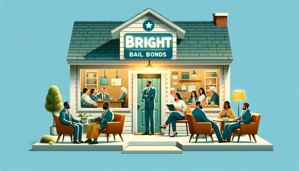 Digital illustration of Bright Bail Bonds office, featuring a welcoming facade and an interior scene where a bail bonds agent consults empathetically with diverse clients, surrounded by comfortable seating and informational brochures.