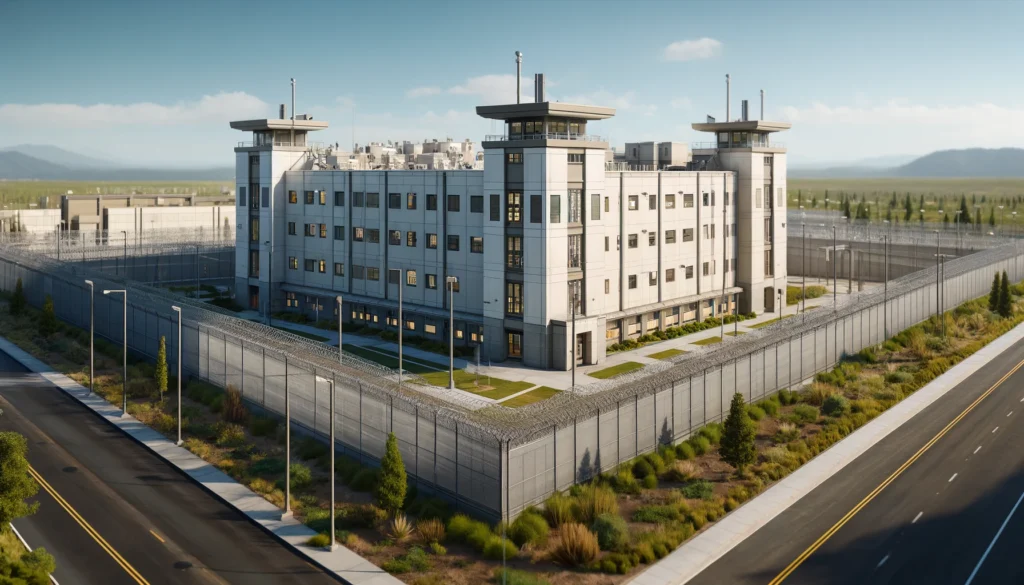 Digital image of the exterior of San Mateo County Correctional Housing, featuring a modern, high-security design with high walls, minimal windows, surrounded by a green landscape and a clear sky.