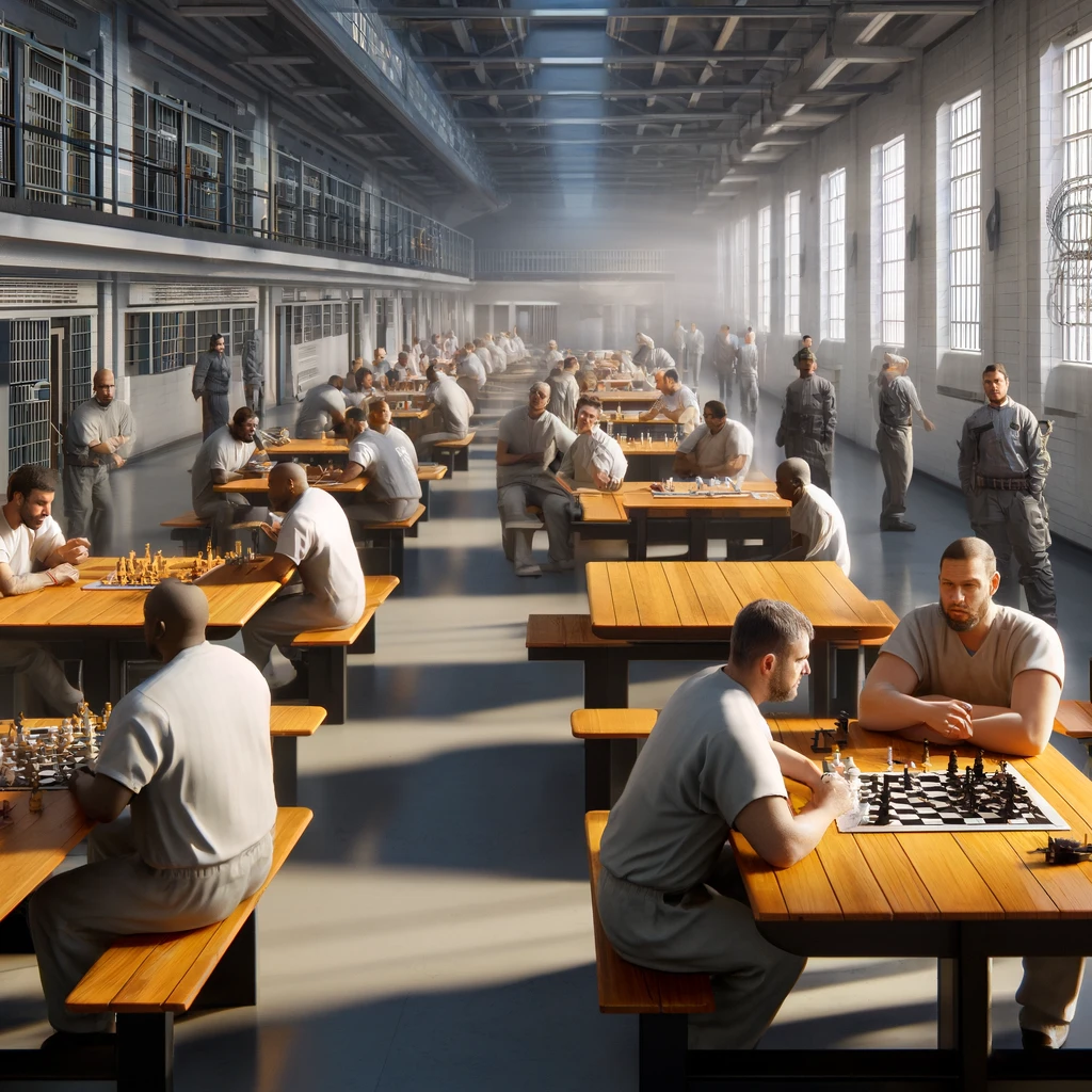 inmates in a communal setting where they are reading, playing chess, and talking.