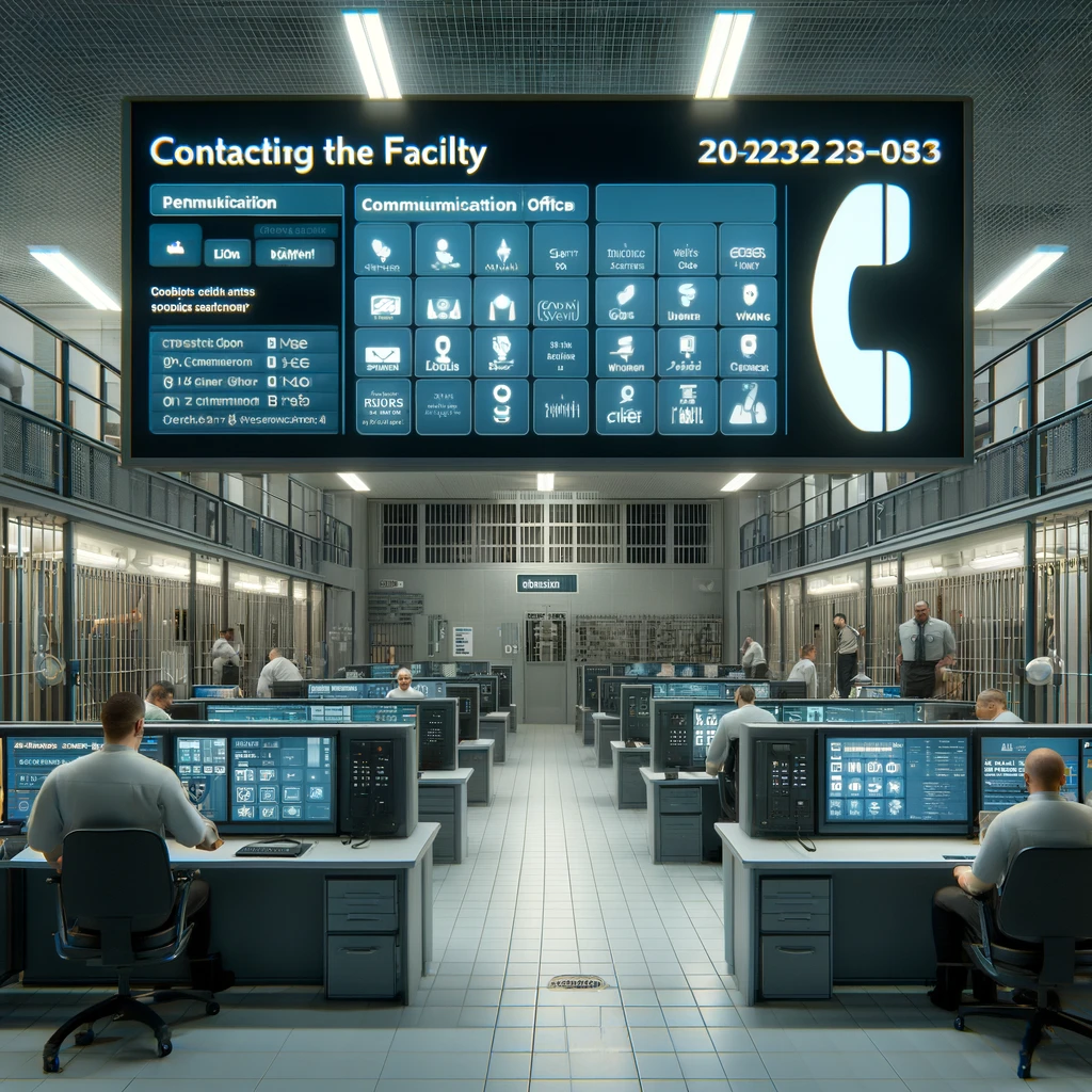 A detailed view of a communication office in a correctional facility, equipped with advanced technology for phone and video communications. 
