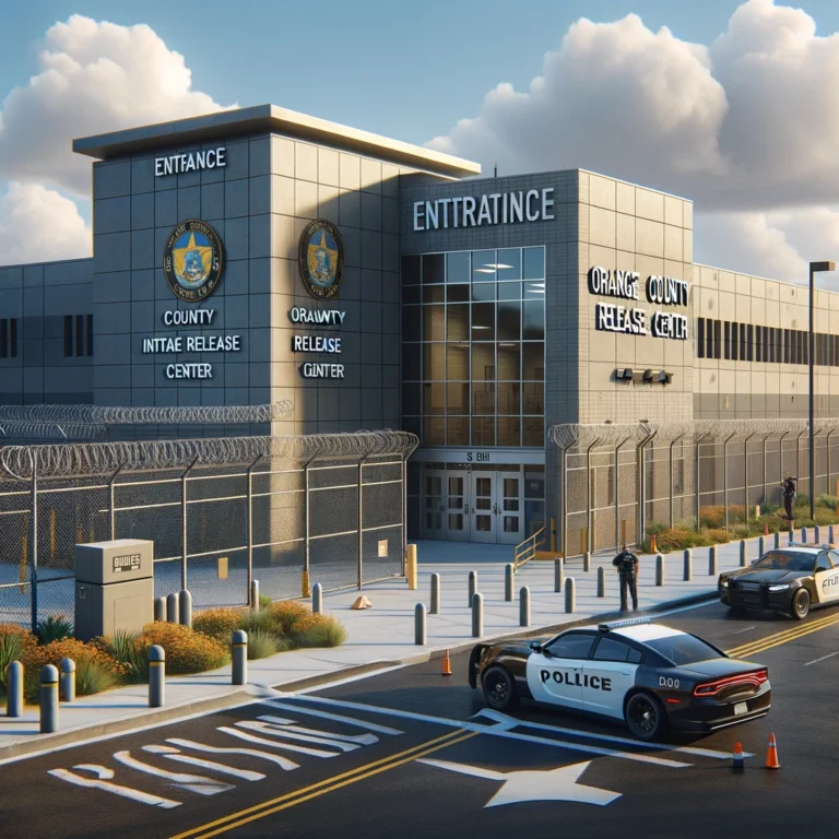 Exterior view of the Orange County Intake Release Center with secure fencing, security cameras, and patrol cars under a sunny sky.