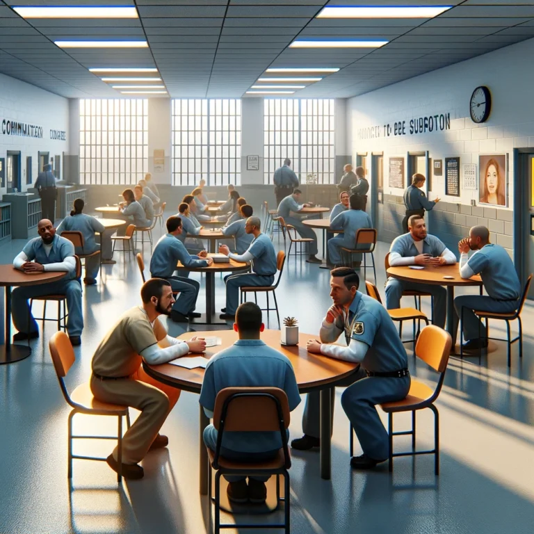 Bright visitation room in a correctional facility with inmates and visitors seated at tables, under the watchful eyes of security.