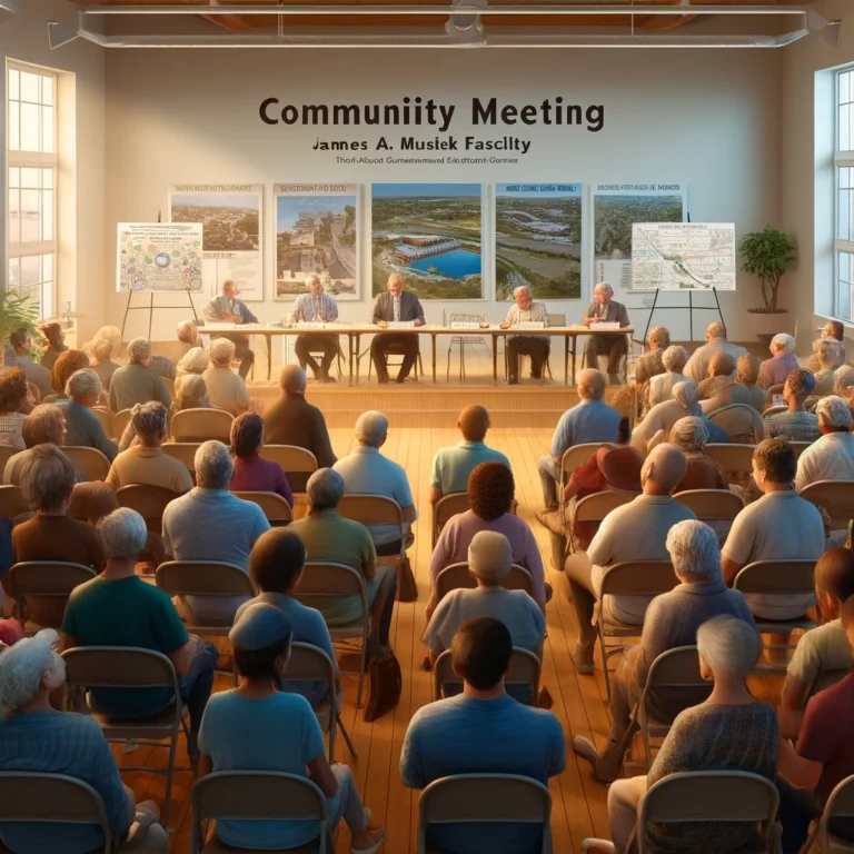  Community members and officials in a meeting discussing the expansion of James A. Musick Facility in a well-lit hall.