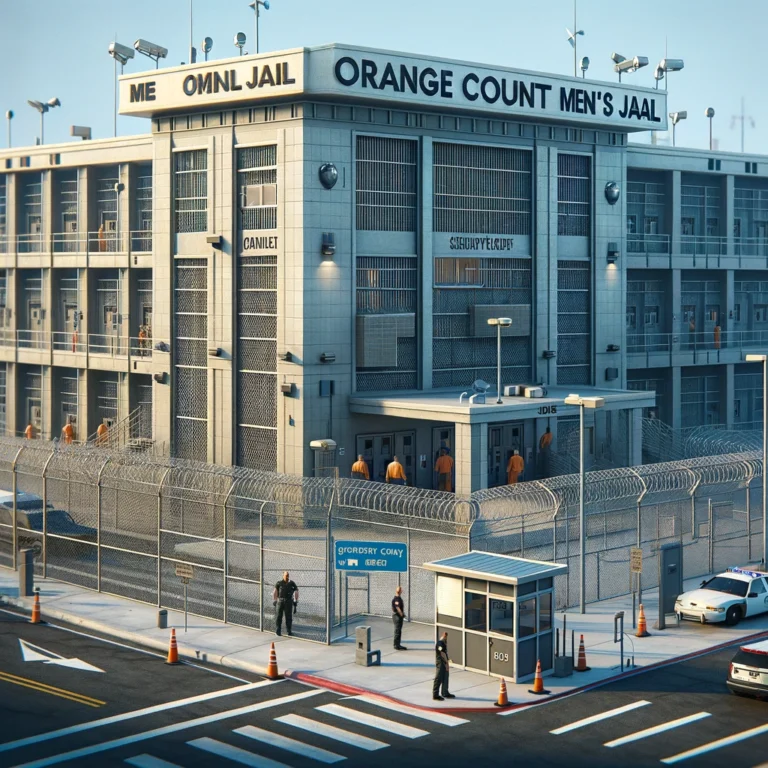 Exterior of the Orange County Men's Jail with barred windows, a security checkpoint, and officers on duty.