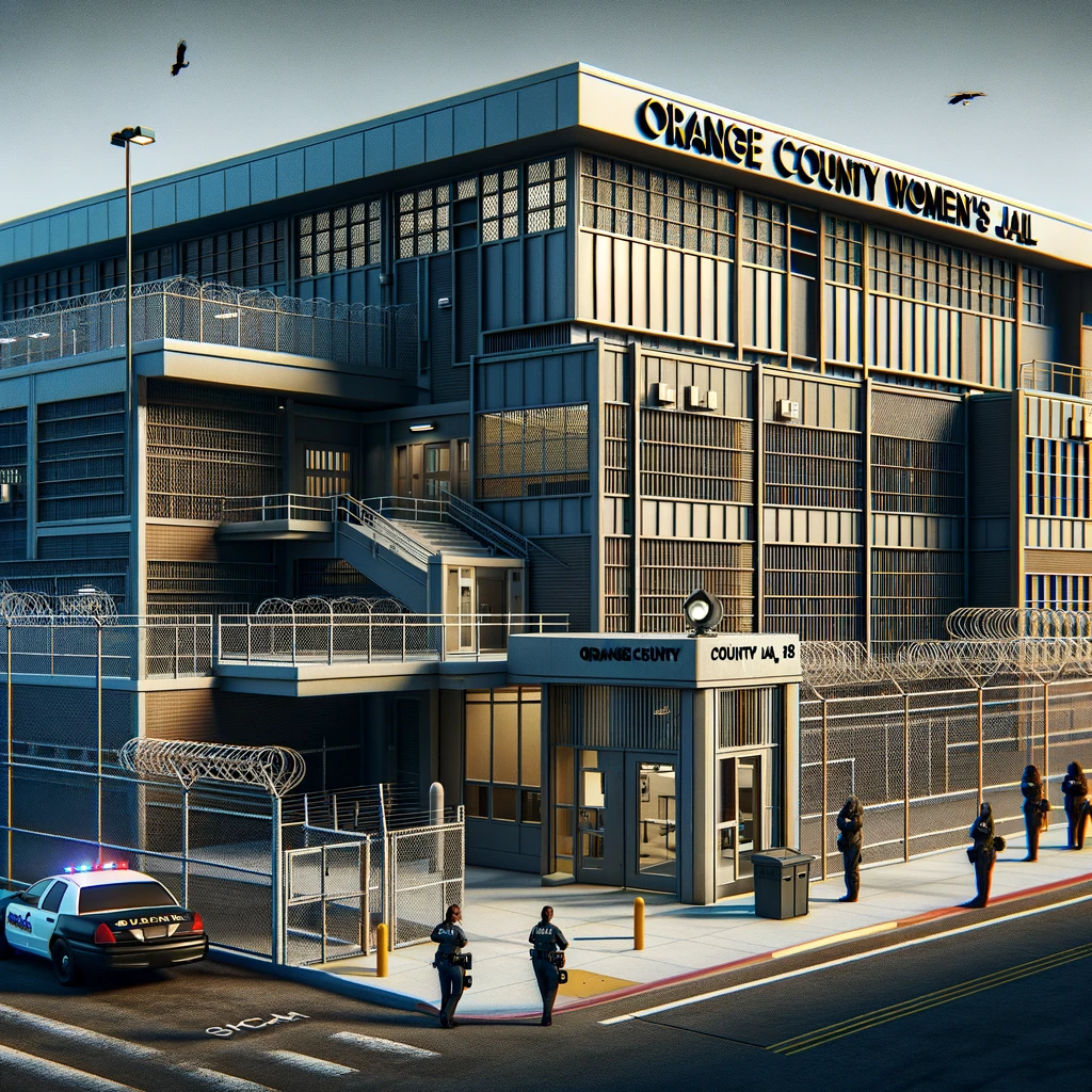 Exterior of the Orange County Women's Jail with modern security features and personnel on duty.