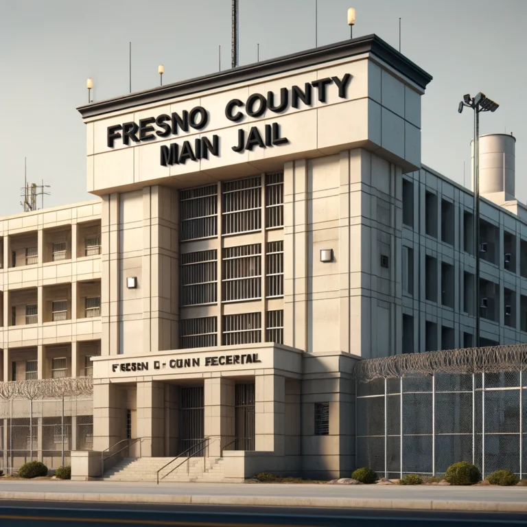 Exterior view of Fresno County Main Jail with security features like barred windows and surveillance cameras.
