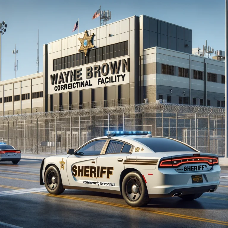 Exterior of Wayne Brown Correctional Facility with high security fences and a sheriff's patrol car.