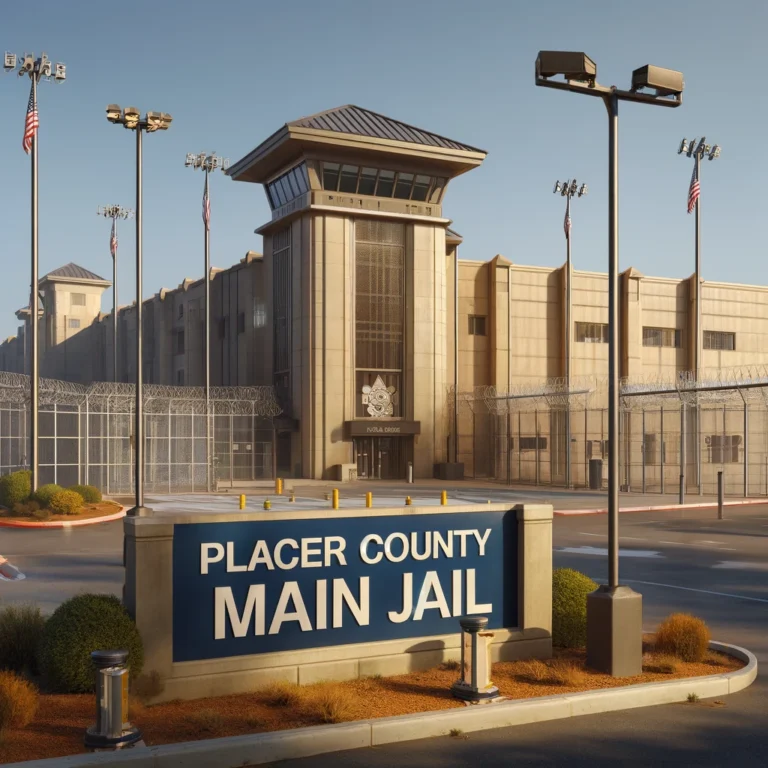 Exterior view of Placer County Main Jail with high walls, surveillance cameras, and a guarded entrance.