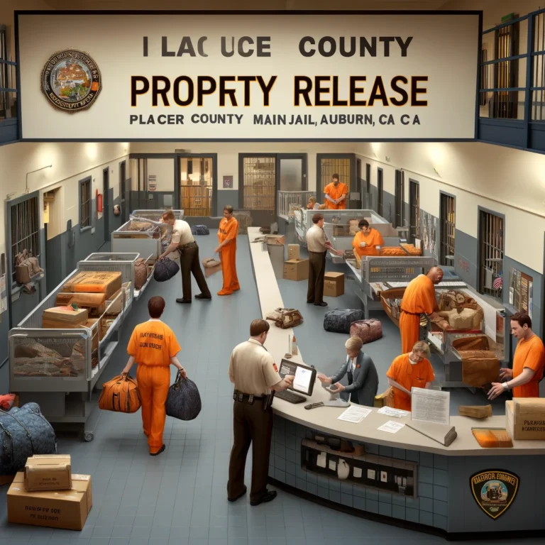 Staff and inmates at the property release counter inside Placer County Main Jail, handling personal belongings.