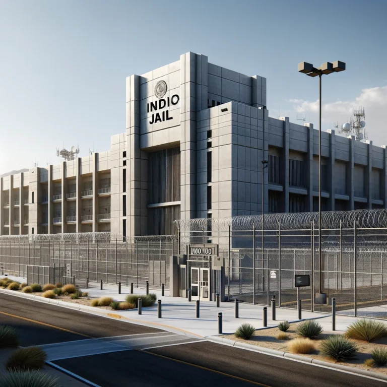 Exterior view of Indio Jail showing high-security fences, surveillance cameras, and a controlled access gate.