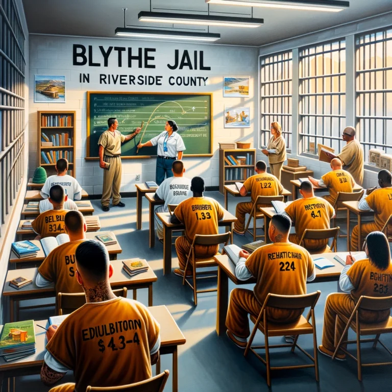 Inmates participating in educational programs inside a classroom at Blythe Jail, featuring desks and a blackboard.
