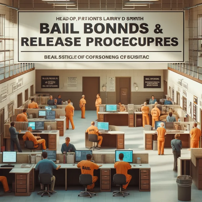 Staff and visitors in the bail bonds and release area of Larry D. Smith Correctional Facility, surrounded by informational signage.