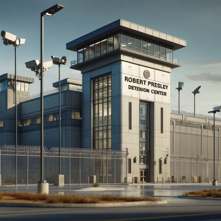 Exterior of Robert Presley Detention Center with high-security features and a clear sky.