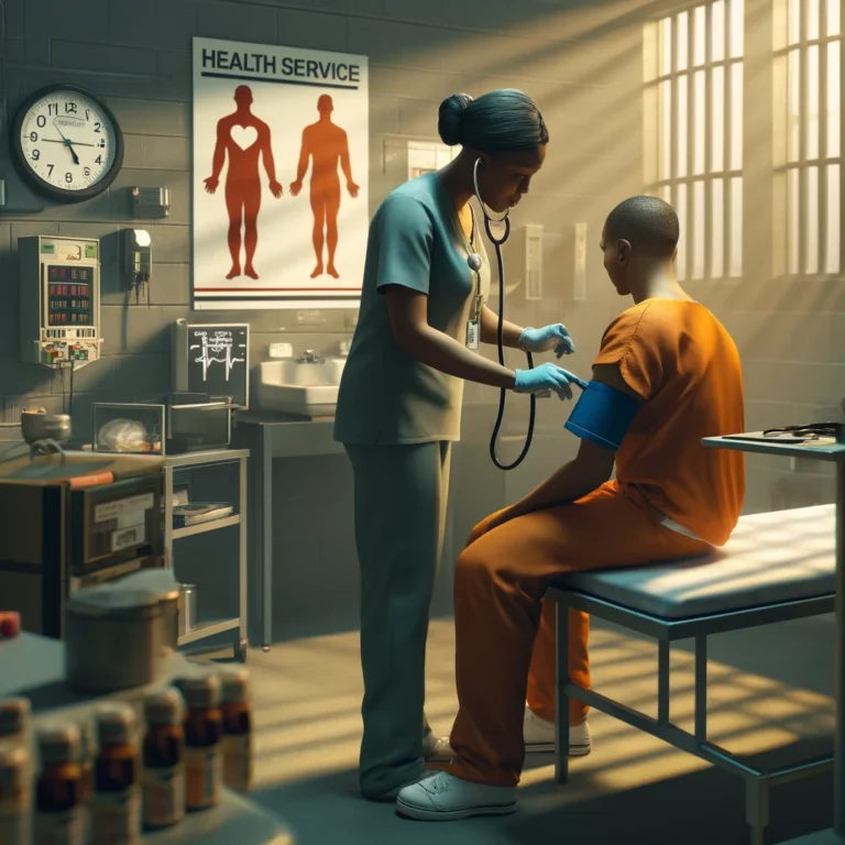 Nurse attending to an inmate in a jail's health service area.
