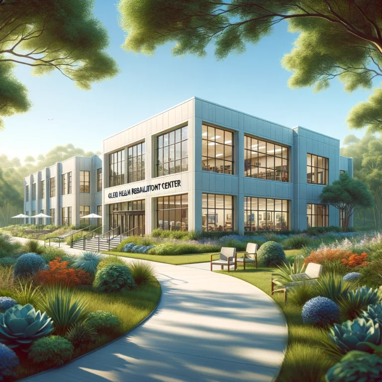 Artistic depiction of the tranquil exterior of Glen Helen Rehabilitation Center.