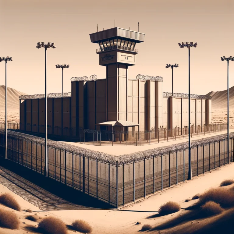 Artistic depiction of the exterior of High Desert Detention Center in a desert setting.