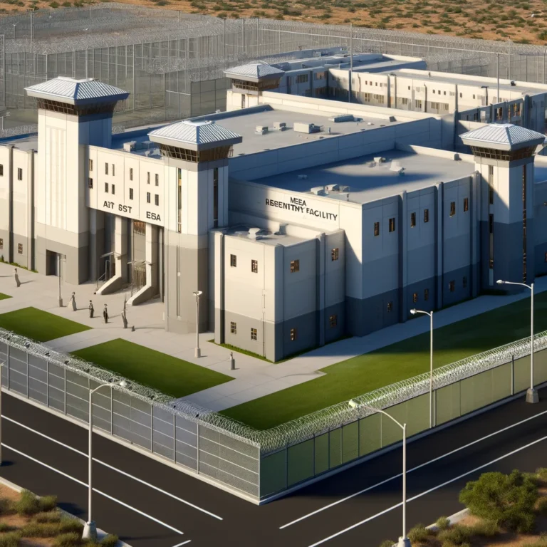 Exterior view of East Mesa Reentry Facility featuring high security fences and watchtowers under a clear blue sky.