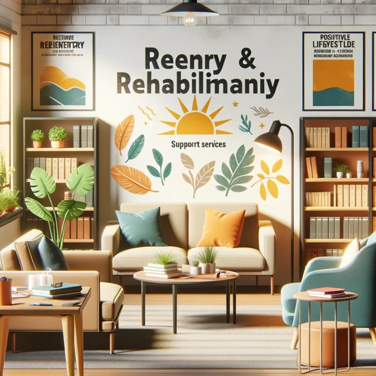 A cozy and inviting office space designed for Reentry and Rehabilitation Programs, featuring sofas, a bookshelf with resources, and motivational posters.