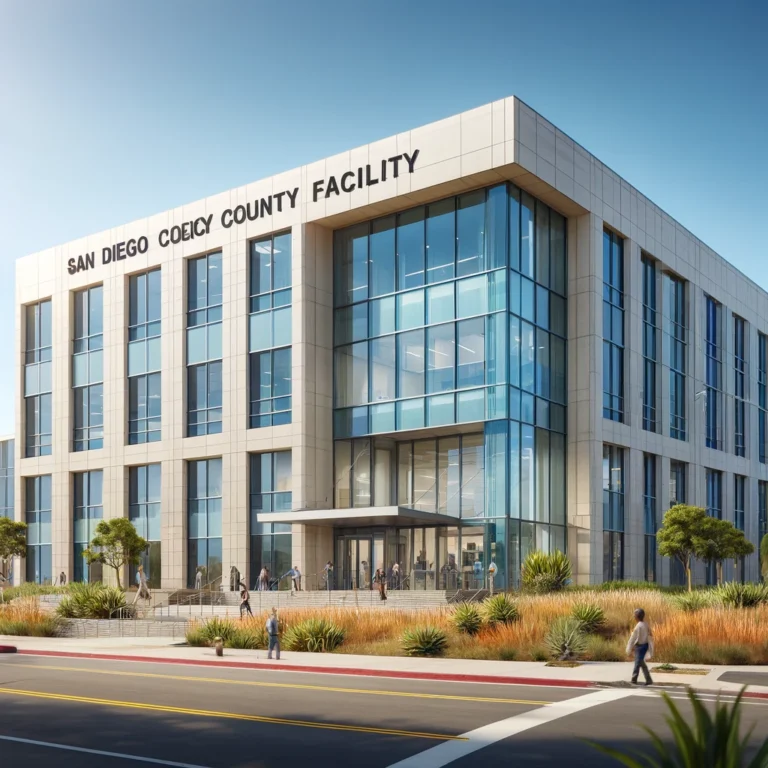 A modern San Diego County Facility building with contemporary architecture and bustling activity.